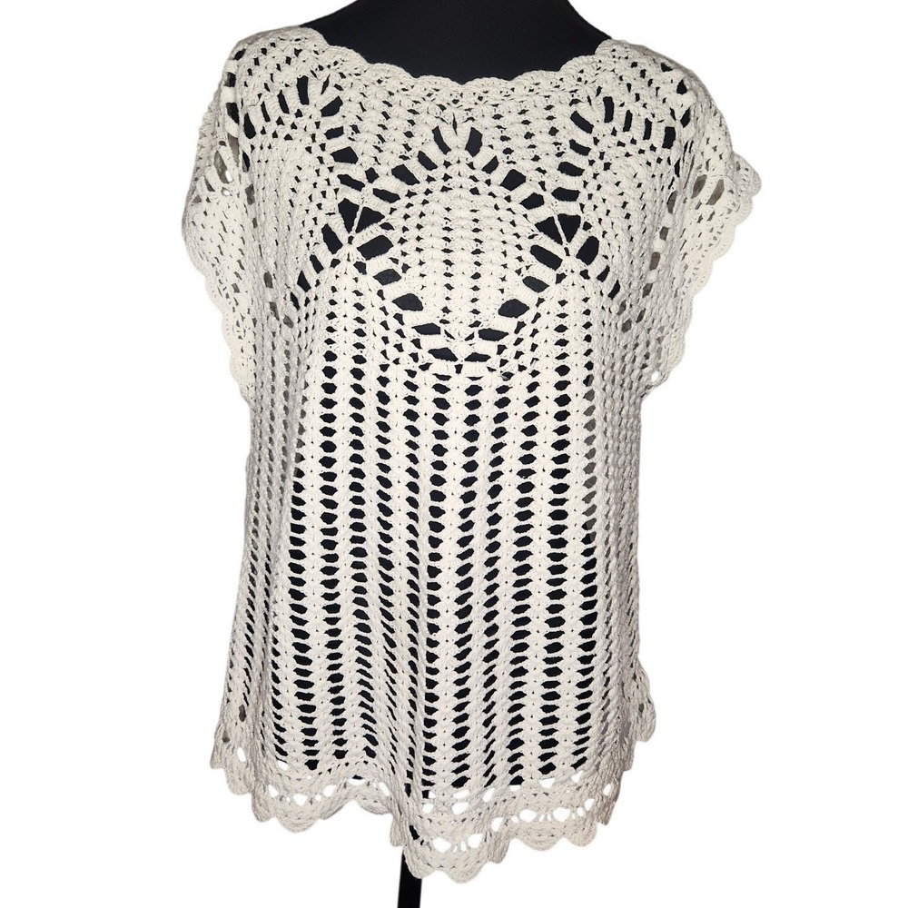 INTUITIONS Crochet Shirt Womens Large White Cotton Cover Up Knit Top